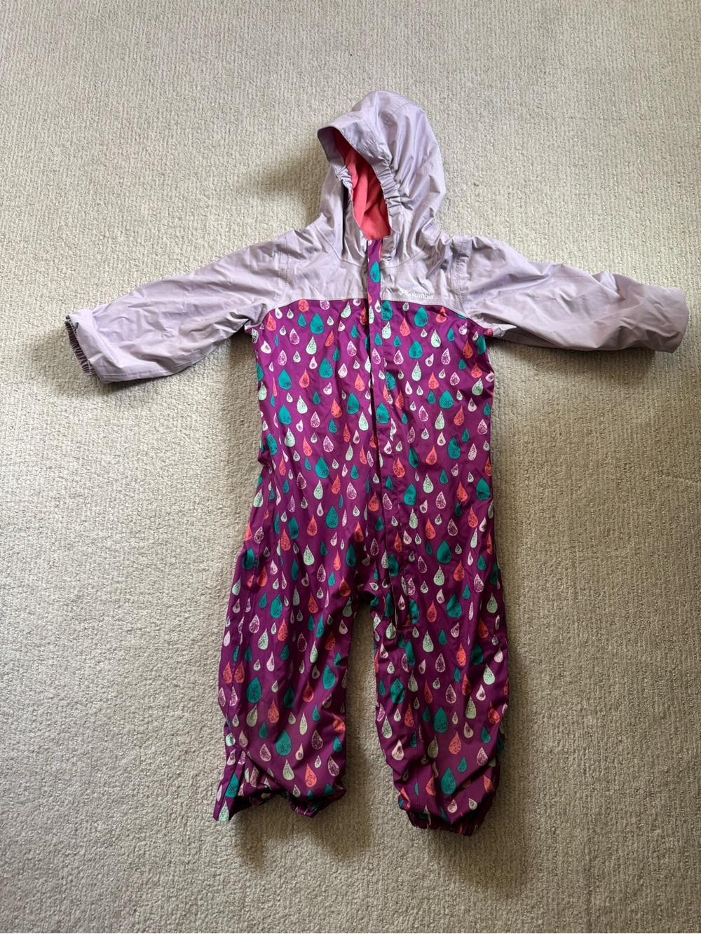 Columbia Critter Jitters Multi Purple Raindrop Hooded One-Piece Rain Suit